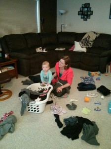 Thea picked up the slack while Mommy and Daddy were too sick to do things like fold laundry.
